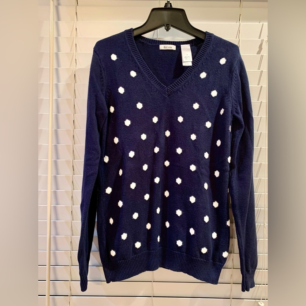 Liz & Co Woman’s Pullover Sweater M  Navy Polka Dot 100% Cotton V-neck Preppy